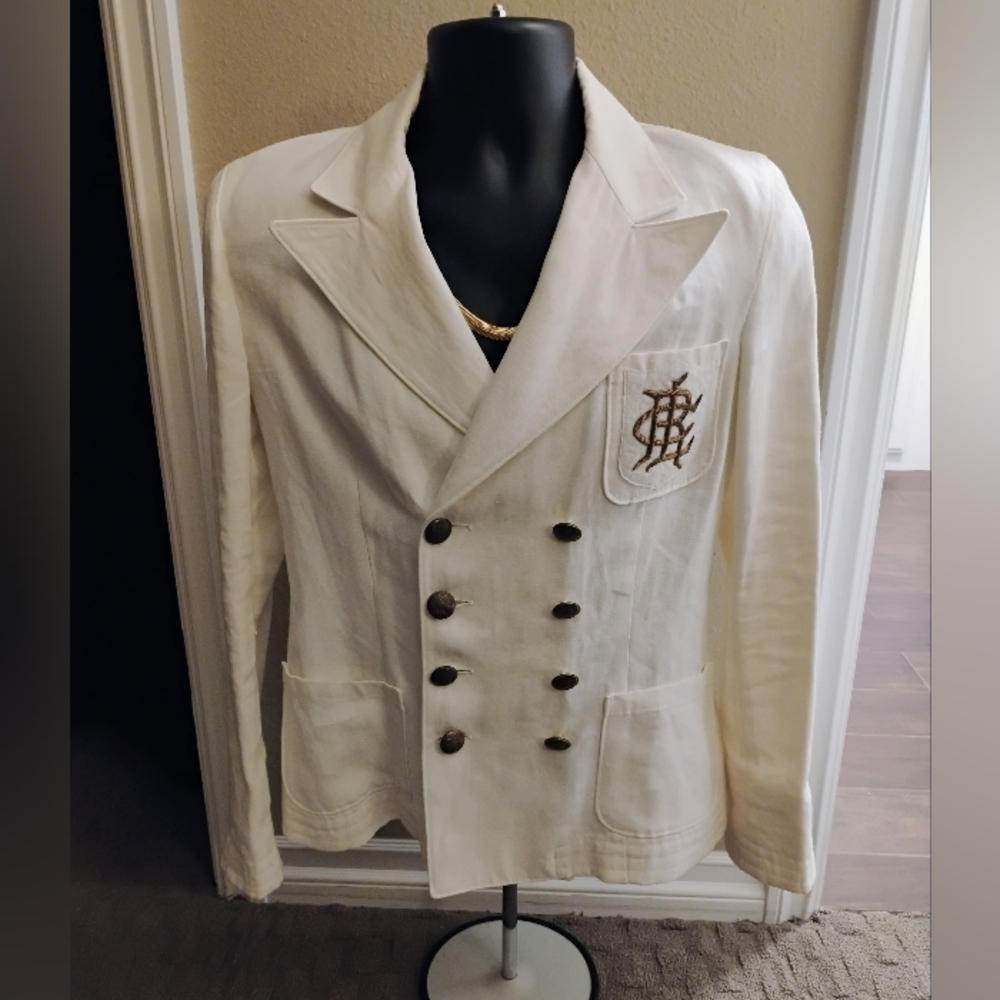 Ralph Lauren White Double-Breasted Hemp Blazer Jacket with Embroidered Logo S10